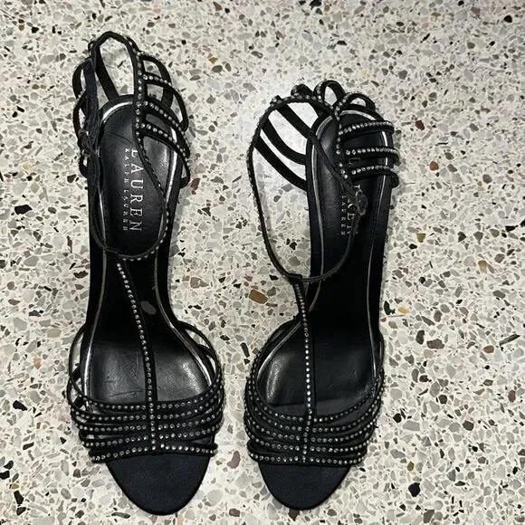 Ralph Lauren black silver rhinestone embellished heel sandal heel 9.5 - Picture 3 of 8